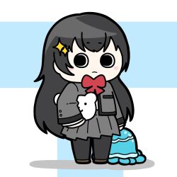 Rule 34 | 1girl, arms at sides, black hair, black pantyhose, blue background, blush, bow, bowtie, breast pocket, brown footwear, chibi, closed mouth, commentary, full body, grey jacket, grey skirt, hair ornament, highres, holding, holding stuffed toy, jacket, kagura hikari, konpeitoull (c12h22o11 tr 6), long hair, long sleeves, looking at viewer, miniskirt, open clothes, open jacket, pantyhose, pleated skirt, pocket, red bow, red bowtie, school uniform, seishou music academy uniform, shoes, shoujo kageki revue starlight, skirt, solid circle pupils, solo, sparkle hair ornament, standing, stuffed animal, stuffed jellyfish, stuffed toy, teddy bear, two-tone background, very long hair, white background