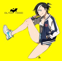 Rule 34 | 1girl, black hood, blue eyes, ear piercing, hand in pocket, highres, iwado anna, jacket, jewelry, kamezaemon, leg up, looking at viewer, multicolored hair, necklace, open clothes, open jacket, original, piercing, shoes, short shorts, shorts, simple background, sneakers, solo, yellow background