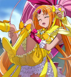 Rule 34 | 10s, 2girls, boots, bow, brooch, bubble skirt, circlet, closed eyes, cure melody, cure muse, cure muse (yellow), dress, eyelashes, frills, hair ornament, hair ribbon, haruyama kazunori, heart, houjou hibiki, jewelry, knee boots, long hair, multiple girls, open mouth, orange hair, orange ribbon, petticoat, pink bow, pink hair, pink ribbon, precure, ribbon, shirabe ako, skirt, suite precure, twintails, upskirt, very long hair, yellow bow, yellow dress, yellow ribbon, yellow skirt