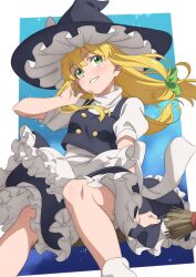Rule 34 | 1girl, apron, arm support, black hat, black skirt, black vest, blonde hair, border, bow, broom, broom riding, buttons, frilled apron, frilled hat, frilled skirt, frills, green bow, green eyes, gyouza (mhea5724), hair between eyes, hair bow, hand on own cheek, hand on own face, hat, hat bow, highres, kirisame marisa, large hat, long hair, looking at viewer, outside border, shirt, short sleeves, sitting, skirt, sky, socks, solo, star (sky), starry sky, touhou, turtleneck, turtleneck shirt, vest, waist apron, white apron, white border, white bow, white shirt, white socks, witch hat