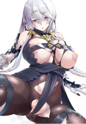 Rule 34 | 1girl, :o, atelier (series), atelier ryza, atelier ryza 1, bare shoulders, black nails, bodysuit, breasts, breasts out, cleavage, commentary request, crossed bangs, fur, hair ornament, hairclip, heterochromia, highres, hood, hooded vest, hoodie, kemigawa mondo, large areolae, large breasts, lila decyrus, low twintails, nail polish, nipples, open mouth, pale skin, partial commentary, sideboob, spread legs, torn bodysuit, torn clothes, twintails, underboob, vest