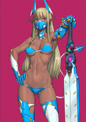 Rule 34 | 1girl, armor, bikini, bikini armor, blonde hair, blue bikini, breasts, dark-skinned female, dark skin, demon girl, ear piercing, gauntlets, gluteal fold, hand on own hip, highres, holding, holding sword, holding weapon, horns, huge weapon, long hair, looking at viewer, mask, medium breasts, mouth mask, navel, ninnin (shishitou), original, piercing, pink background, pink eyes, pointy ears, solo, spiked tail, swimsuit, sword, tail, weapon