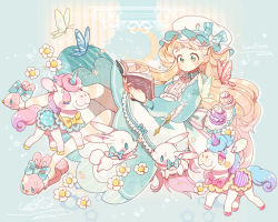 Rule 34 | 1girl, :3, album cover, animal slippers, apron, blonde hair, blue background, blue bow, blue bowtie, blue dress, blue eyes, blush stickers, book, bow, bowtie, bug, bunny slippers, butterfly, commentary request, cover, cream puff, dress, earrings, flower, food, green eyes, hat, hat bow, hat ribbon, insect, jewelry, long hair, long sleeves, mob cap, original, pantyhose, pink bow, pink bowtie, pink eyes, puffy long sleeves, puffy sleeves, quill, rabbit, ribbon, signature, slippers, striped clothes, striped legwear, striped pantyhose, uekura eku, unicorn, yellow bow, yellow bowtie