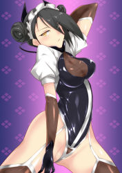 Rule 34 | 1girl, adapted costume, agent (girls&#039; frontline), arm up, asymmetrical hair, black gloves, black hair, breasts, cleavage, cleavage cutout, clothing cutout, commentary request, cowboy shot, double bun, elbow gloves, garter straps, girls&#039; frontline, gloves, hair bun, hair over one eye, highleg, highleg leotard, highres, leotard, looking at viewer, maid, maid headdress, medium breasts, parted lips, purple background, sangue llia, solo, spread legs, taimanin suit, thighhighs, tsurime, wire, yellow eyes