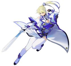 Rule 34 | 1girl, absurdres, alternate color, bare shoulders, belt, blonde hair, breasts, cleavage, cleavage cutout, clothing cutout, english text, fingerless gloves, full body, genderswap, genderswap (mtf), gloves, guilty gear, guilty gear xrd, hair between eyes, highres, holding, holding sword, holding weapon, ky kiske, kyko, large breasts, long hair, magnolia eclair ii, open mouth, ponytail, simple background, solo, sword, thighhighs, uonomesabu, weapon, white background, white gloves, white thighhighs
