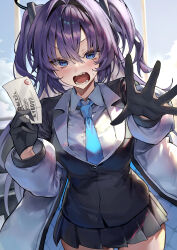 Rule 34 | 1girl, absurdres, black gloves, black jacket, black skirt, blazer, blue archive, blue eyes, blue necktie, blush, foreshortening, gloves, halo, highres, holding, holding paper, jacket, jacket partially removed, kabi (zcwd8845), looking at viewer, necktie, open mouth, paper, pleated skirt, purple hair, receipt, shirt, skirt, solo, sweatdrop, two-sided fabric, two-sided jacket, two side up, white shirt, yuuka (blue archive)