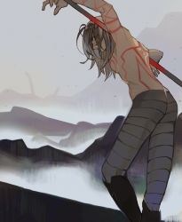 Rule 34 | 1boy, armpits, boots, day, fog, from behind, holding, holding weapon, kibadori rue, leaning forward, long hair, looking at viewer, looking back, male focus, outdoors, pants, scp-076-2, scp foundation, topless male, solo, weapon, yellow eyes