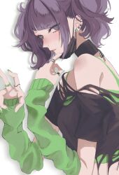 Rule 34 | 1girl, absurdres, bent v, black mask, black shirt, camisole, crop top, earrings, fingernails, green arm warmers, green camisole, highres, idolmaster, idolmaster shiny colors, jewelry, looking at viewer, mask, mask pull, mouth mask, nail polish, naruse chika, purple eyes, purple hair, ring, shirt, simple background, solo, stud earrings, tanaka mamimi, torn clothes, torn shirt, twintails, upper body, white background