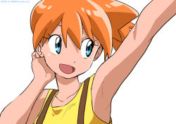 Rule 34 | 1girl, arm up, armpits, artist name, blue eyes, collarbone, commentary request, creatures (company), dated, eyelashes, game freak, hair between eyes, hand up, kibisakura2, looking to the side, misty (pokemon), nintendo, open mouth, orange hair, pokemon, pokemon (anime), pokemon (classic anime), simple background, smile, solo, suspenders, tank top, tongue, white background, yellow tank top