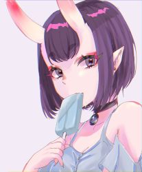 Rule 34 | 1girl, bare shoulders, bob cut, breasts, camisole, choker, collarbone, eating, eyeliner, fate/grand order, fate (series), food, grey camisole, highres, horns, jewelry, looking at viewer, makeup, oni, pendant, pointy ears, popsicle, purple eyes, purple hair, sasabe opika, short hair, shuten douji (fate), skin-covered horns, small breasts, solo