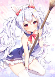 Rule 34 | 1girl, alternate costume, animal ears, azur lane, bare shoulders, between legs, blue collar, blue dress, blush, bow, breasts, broom, closed mouth, collar, collarbone, commentary request, detached collar, dress, enmaided, hair between eyes, holding, holding broom, laffey (azur lane), long hair, looking at viewer, maid, maid headdress, mauve, rabbit ears, red bow, red eyes, sidelocks, silver hair, small breasts, solo, sparkle, star (symbol), strapless, strapless dress, thighhighs, twintails, very long hair, white thighhighs, wrist cuffs