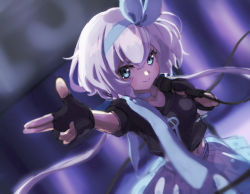Rule 34 | 1girl, absurdres, blue eyes, blue neckwear, blue skirt, blurry, blurry background, choker, concert, finger gun, fingerless gloves, floating hair, gloves, hair between eyes, headband, highres, holding, holding microphone, idol, jacket, konno junko, leather, leather jacket, looking at viewer, low twintails, makimaki, microphone, midriff, navel, neckwear request, pointing, ribbon, short hair, short sleeves, skirt, smile, solo, stage, standing, twintails, white hair, zipper, zombie land saga