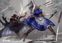 Rule 34 | 2girls, absurdres, black cape, black headwear, black thighhighs, blue dress, cape, commentary, dress, gloves, glowing, glowing eye, grey hair, highres, holding, holding knife, izayoi sakuya, jack the ripper, knife, maid, multiple girls, plague doctor mask, red eyes, short sleeves, signature, standing, thighhighs, top-exerou, touhou