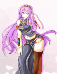 Rule 34 | 1girl, armband, bare shoulders, belt, blue eyes, breasts, detached sleeves, green nails, hairband, headset, long hair, megurine luka, nail polish, navel, oimari, pink hair, side slit, solo, thighhighs, vocaloid