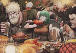 Rule 34 | 1girl, 4boys, ^ ^, alcohol, armor, axe (navigavi), bald, bandaged arm, bandages, beard, beer, beer mug, black gloves, blonde hair, blood, blood on face, blunt bangs, bread, breasts, chain, chicken leg, clenched hand, clenched teeth, closed eyes, cup, earrings, eating, facial hair, fingerless gloves, food, gloves, green eyes, green hair, grin, ham, highres, indoors, jewelry, jun (navigavi), lantern, long hair, manly, meat, mug, multiple boys, open mouth, original, pancake, plate, salt shaker, sitting, sleeveless, smile, soup, spiked hair, spoon, stew, teeth, thick eyebrows, weapon, weapon on back