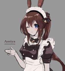Rule 34 | 1girl, ;), alternate costume, amiya (arknights), animal ears, apron, arknights, bell, black bow, black dress, blue eyes, blush, bow, breasts, brown hair, dress, enmaided, frilled apron, frills, grey background, hair bell, hair between eyes, hair bow, hair ornament, hand up, jingle bell, long hair, maid, maid apron, maid headdress, nuno (pppompon), one eye closed, ponytail, puffy short sleeves, puffy sleeves, rabbit ears, short sleeves, simple background, small breasts, smile, solo, striped, striped bow, upper body, white apron