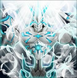 Rule 34 | blue eyes, digimon, feathers, fusion, highres, horns, omegamon, omegamon merciful mode, solo, spikes, wings