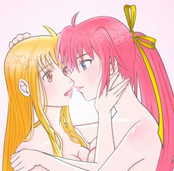 Rule 34 | 2girls, ahoge, bad id, bad pixiv id, bashi, blonde hair, blue eyes, blush, braid, breast press, breasts, cleavage, closed mouth, commentary request, crown braid, fate testarossa, gradient background, hair ribbon, large breasts, long hair, looking at another, lyrical nanoha, mahou shoujo lyrical nanoha, mahou shoujo lyrical nanoha a&#039;s, mahou shoujo lyrical nanoha strikers, multiple girls, open mouth, pink background, pink hair, pink lips, ponytail, red eyes, ribbon, sidelocks, signum, upper body, very long hair, yellow ribbon, yuri