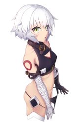 Rule 34 | 1girl, arm belt, bandaged arm, bandages, bare shoulders, belt buckle, black gloves, black panties, breasts, buckle, convenient arm, crop top, cropped legs, fate/grand order, fate (series), from side, gloves, green eyes, highres, jack the ripper (fate/apocrypha), looking at viewer, mku, navel, no pants, open mouth, panties, panty pull, pulling own clothes, shoulder tattoo, simple background, single glove, small breasts, solo, standing, stomach, tattoo, underwear, white background, white hair