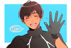 Rule 34 | 1boy, ^ ^, black gloves, black hair, closed eyes, dark-skinned male, dark skin, closed eyes, gloves, kyouna, male focus, open mouth, phichit chulanont, smile, solo, translation request, upper body, waving, yuri!!! on ice