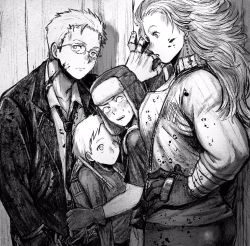 Rule 34 | 2boys, 2girls, :o, arm wrap, backpack, bag, black gloves, blood, blood on clothes, blood on face, blush, boy sandwich, breast press, chain, closed mouth, clothes writing, collared shirt, cross, cross earrings, dorohedoro, earrings, ebisu (dorohedoro), expressionless, formal, frown, fujita (dorohedoro), girl sandwich, glasses, gloves, greyscale, hand on own hip, hand on wall, hand up, hat, height difference, highres, inverted cross, jacket, jewelry, ki (mxxxx), long hair, long sleeves, looking at another, looking at viewer, looking away, looking back, looking down, looking up, monochrome, multiple boys, multiple girls, necktie, nervous, noi (dorohedoro), sandwiched, scythe, shin (dorohedoro), shirt, short hair, short sleeves, sideways glance, stitched fingers, suit, t-shirt, track suit, turtleneck