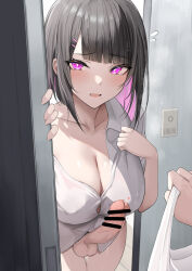 Rule 34 | 1girl, bar censor, black hair, black panties, blunt bangs, blush, breasts, censored, cleavage, collarbone, collared shirt, colored inner hair, erection, flying sweatdrops, futanari, hair ornament, hairclip, large breasts, looking at viewer, luse maonang, mole, mole under mouth, multicolored hair, open door, open mouth, original, panties, penis, pink hair, pov, pov hands, precum, purple eyes, shirt, short hair, short sleeves, solo focus, testicles, thighs, underwear, white shirt