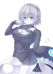 Rule 34 | 10s, 1girl, abyssal ship, alternate costume, blue eyes, blush, breasts, cleavage, cleavage cutout, clothing cutout, colored skin, covering privates, grey hair, unworn headwear, highres, kantai collection, large breasts, looking at viewer, meme attire, no headwear, open-chest sweater, oukawa yuu, pale skin, parted lips, ribbed sweater, short hair, simple background, solo, sweater, turtleneck, white background, white skin, wo-class aircraft carrier