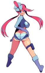 Rule 34 | 1girl, blue eyes, blue footwear, blue gloves, blue jacket, blue shorts, boots, breasts, creatures (company), cropped jacket, game freak, gloves, hair ornament, harubato, highres, jacket, large breasts, midriff, nintendo, one side up, pokemon, pokemon bw, pouch, red hair, short hair with long locks, short shorts, shorts, sidelocks, skyla (pokemon), solo, thigh pouch, turtleneck