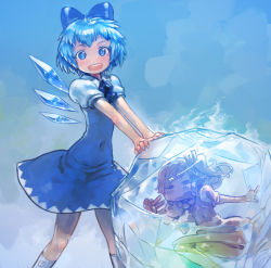 Rule 34 | circled 9, 2girls, :d, \m/, blue dress, blue eyes, blue hair, bow, cirno, covered navel, daiyousei, dress, frozen, hair bow, ice, ice wings, multiple girls, open mouth, short hair, smile, symbol-shaped pupils, touhou, v, wings, yst
