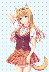 Rule 34 | 1girl, :3, animal ear fluff, animal ears, arm behind head, bell, blonde hair, blue background, bow, bowtie, cat ears, cat girl, cat tail, center frills, coast rover, commentary request, cowboy shot, curly hair, frilled skirt, frills, green eyes, hairband, head tilt, highres, jingle bell, long hair, looking at viewer, maple (nekopara), nekopara, outline, parted lips, plaid, plaid skirt, revision, short sleeves, sidelocks, skirt, smile, solo, tail, white outline