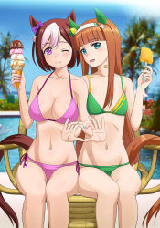 Rule 34 | 2girls, ;), animal ears, bandaid, bandaid on neck, bikini, blue nails, blue sky, blunt bangs, blurry, blurry background, breasts, brown hair, chair, clear sky, cleavage, closed mouth, commentary request, day, depth of field, female focus, food, green bikini, green eyes, hachimaki, hairband, halterneck, head tilt, headband, heart, heart hands, highres, holding, holding food, horizon, horse ears, horse girl, horse tail, ice cream cone, long hair, looking at viewer, medium breasts, multicolored hair, multiple girls, nail polish, navel, one eye closed, open mouth, orange hair, outdoors, palm tree, partial commentary, pink nails, pool, popsicle, purple bikini, purple eyes, short hair, side-by-side, side-tie bikini bottom, silence suzuka (umamusume), sitting, sky, small breasts, smile, special week (umamusume), straight hair, swimsuit, tail, tooo, tree, two-tone hair, umamusume, white hair, white hairband, white headband