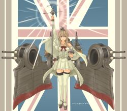 Rule 34 | 1girl, absurdres, adapted turret, blonde hair, blue eyes, braid, cannon, commentary request, corset, crown, dress, flower, french braid, full body, garter straps, globus cruciger, hair between eyes, hairband, high heels, highres, jewelry, kantai collection, long hair, long sleeves, machinery, mini crown, necklace, off-shoulder dress, off shoulder, pot-de, red flower, red ribbon, red rose, ribbon, rose, scepter, smile, solo, thighhighs, throne, union jack, warspite (kancolle), white dress, white thighhighs