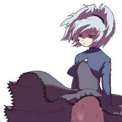 Rule 34 | bad id, bad pixiv id, bottomless, clothes lift, darker than black, expressionless, lowres, midriff, navel, no panties, oekaki, out-of-frame censoring, ponytail, purple eyes, shadow, silver hair, simple background, skirt, skirt lift, solo, standing, white background, wind, wind lift, yasurou, yin (darker than black)