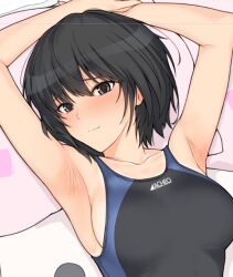 Rule 34 | 1girl, amagami, arms up, black hair, black one-piece swimsuit, blush, bob cut, breasts, closed mouth, commentary request, competition swimsuit, halcon, looking at viewer, lying, medium breasts, nanasaki ai, on back, one-piece swimsuit, short hair, simple background, smile, solo, swimsuit, two-tone swimsuit