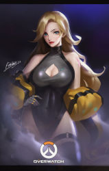 Rule 34 | 1girl, bare shoulders, black gloves, black leotard, blonde hair, blue background, blue eyes, boots, breasts, cleavage, cleavage cutout, clothing cutout, coat, commentary request, contrapposto, covered navel, earrings, eyebrow piercing, gloves, hair down, hand on own hip, highres, jewelry, large breasts, leotard, letterboxed, lips, lipstick, long hair, makeup, mercy (overwatch), nose, off shoulder, overwatch, overwatch (logo), overwatch 1, piercing, r.keensies, signature, solo, standing, taut leotard, thigh boots, thigh strap, thighhighs, unzipped, yellow coat