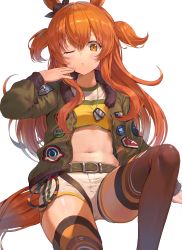 Rule 34 | 1girl, animal ears, arm support, black ribbon, blush, bow, breasts, brown eyes, brown hair, brown thighhighs, commentary, crop top, dog tags, ear ribbon, feet out of frame, fur-trimmed jacket, fur trim, green jacket, hair between eyes, hand up, highres, horse ears, horse girl, horse tail, jacket, knee up, long hair, long sleeves, looking at viewer, mayano top gun (umamusume), midriff, navel, one eye closed, open clothes, open jacket, parted lips, rangen, ribbon, short shorts, shorts, simple background, sitting, small breasts, solo, tail, thighhighs, two side up, umamusume, very long hair, white background, white shorts