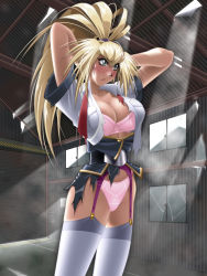 Rule 34 | 1990s (style), 1girl, arms behind head, arms up, belt, blonde hair, blue eyes, blush, bra, breasts, burn-up w, cleavage, garter belt, garter straps, indoors, kinezono rio, lingerie, long hair, nightmare express, open clothes, open shirt, panties, pink bra, pink panties, police, police uniform, policewoman, ponytail, shirt, solo, standing, sunlight, sweatdrop, thighhighs, torn clothes, underwear, uniform, window
