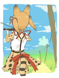 Rule 34 | 1girl, animal ears, back, belt, blue sky, bow (music), brown hair, cat ears, cat girl, cat tail, extra ears, highres, holding, holding instrument, holding violin, instrument, kemono friends, kemono friends v project, kneehighs, large-spotted genet (kemono friends), long hair, ribbon, shirt, skirt, sky, socks, solo, suspenders, tail, violin, virtual youtuber, y0whqzz8bkslezl
