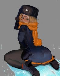 Rule 34 | 1girl, alternate costume, alternate hairstyle, ass, black pantyhose, blonde hair, blue eyes, capcom, coat, dancho no mori, eyebrows, eyelashes, female focus, fur hat, fur trim, grey background, grey footwear, hand on own ass, hand on own head, hat, highres, ice, kneeling, kolin, lips, miniskirt, mittens, pantyhose, parted lips, scarf, short hair, simple background, skirt, solo, street fighter, street fighter v, sweat, sweatdrop, teeth, thick lips, thick thighs, thighs, ushanka, wide hips, winter clothes, winter coat