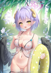 Rule 34 | 1girl, bare shoulders, bikini, bikini pull, black wings, blush, breasts, censored, cleavage, clothes pull, collarbone, covered erect nipples, cowboy shot, curled horns, day, fang, feathered wings, flower, gluteal fold, groin, halo, hand on own chest, heart, highres, holding, holding swim ring, horns, innertube, looking at viewer, medium breasts, navel, nipples, open mouth, original, outdoors, parted lips, pointless censoring, pointy ears, purple hair, pussy, see-through, short hair, side-tie bikini bottom, smile, solo, standing, stomach, swim ring, swimsuit, thigh gap, umou (may65879), water, wet, white bikini, wings