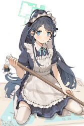 Rule 34 | 1girl, apron, aris (blue archive), aris (maid) (blue archive), artist name, black hair, blue archive, blue dress, blue eyes, blue ribbon, blush, closed mouth, commentary request, dress, frilled apron, frills, halo, highres, holding, kneeling, long hair, looking at viewer, maid, maid apron, neck ribbon, official alternate costume, official alternate hairstyle, ponytail, reisen13, ribbon, short sleeves, smile, solo, very long hair, white apron