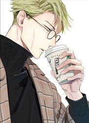 Rule 34 | 1boy, absurdres, black sweater, blonde hair, blue eyes, coffee, cup, disposable cup, drinking, glasses, highres, holding, holding cup, jacket, jujutsu kaisen, lips, long sleeves, male focus, mamita, nanami kento, parted lips, plaid, plaid jacket, solo, sweater, upper body, white background