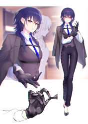 Rule 34 | 1girl, absurdres, alternate costume, black footwear, black gloves, black pants, blue hair, blue necktie, brown jacket, brown vest, chest belt, chromatic aberration, close-up, collared shirt, crossed bangs, dress shirt, earrings, full body, gloves, hair over shoulder, highres, ichinose uruha, jacket, jacket on shoulders, jewelry, kiiro (cocoa080), long hair, long sleeves, looking at viewer, multicolored hair, multiple views, necktie, no socks, outstretched hand, pants, parted lips, pink eyes, shirt, shoes, standing, streaked hair, stud earrings, three-piece suit, underbust, vest, virtual youtuber, vspo!, white shirt, wing collar, wolf cut