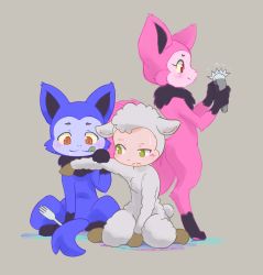 Rule 34 | 1boy, 2girls, ancesra, animal ears, animal hands, animal nose, arm up, between legs, blue fur, blush, body fur, closed mouth, colored sclera, crossover, drooling, eerie (telemonster), fork, fox boy, fox ears, fox tail, from side, full body, furry, green eyes, grey background, grey fur, grey hair, half-closed eye, hand between legs, hand up, hands up, happy, highres, holding, holding fork, hooves, leggy lamb, licking lips, looking at another, looking down, looking to the side, motion lines, multiple girls, nervous, orange eyes, outstretched arm, pawpads, pink fur, profile, raised eyebrow, red eyes, saliva, shears, sheep ears, sheep girl, sheep tail, sheep wrecked, short hair, sideways mouth, simple background, sitting, sketch, smile, snout, standing, straight-on, sweat, tail, telemonster, tongue, tongue out, uneven eyes, wariza, wavy mouth, wolf ears, wolf girl, wolf tail, yellow sclera, yossi (telemonster)