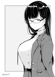 Rule 34 | 1girl, blazer, breasts, glasses, greyscale, jacket, kichihachi, large breasts, long hair, looking at viewer, monochrome, necktie, original, shirt, solo, twitter username