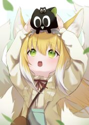 Rule 34 | 1girl, absurdres, animal ear fluff, animal ears, aqua hairband, arknights, bag, black cat, blonde hair, blush, brown bag, cardigan, cat, commentary, crossover, fox ears, fox girl, fox tail, frilled hairband, frills, green eyes, hair ornament, hairband, heixiu, highres, kitsune, kyuubi, long hair, long sleeves, luo xiaohei, luo xiaohei zhanji, multicolored hair, multiple tails, neck ribbon, official alternate costume, on head, open cardigan, open clothes, open mouth, puffy long sleeves, puffy sleeves, red ribbon, ribbon, shirt, shoulder bag, sidelocks, sleeve cuffs, solo, suzuran (arknights), suzuran (spring praise) (arknights), tail, teeth, two-tone hair, upper body, upper teeth only, white hair, worimehl, yellow cardigan, yellow shirt