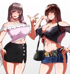 Rule 34 | 2girls, bag, bare shoulders, belt, blush, bracelet, breasts, brown eyes, brown hair, cleavage, covered erect nipples, crop top, denim, denim skirt, frilled shirt, frills, girls und panzer, glasses, handbag, hands on own hips, hands up, head rest, highres, jewelry, lace trim, large breasts, long hair, looking at viewer, mature female, multiple girls, nail polish, naughty face, navel, navel piercing, necklace, nishizumi shiho, o-ring, open mouth, piercing, rasson, ring, shimada chiyo, shirt, skirt, smile