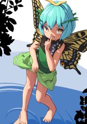 Rule 34 | 1girl, antennae, aqua hair, artist name, backlighting, bare arms, bare shoulders, barefoot, bright pupils, brown eyes, butterfly wings, clothes lift, copyright name, day, dress, dress lift, eternity larva, finger to mouth, from above, full body, grin, hair between eyes, hands up, huxiao (mistlakefront), index finger raised, insect wings, leg up, lifting own clothes, looking at viewer, looking up, outdoors, plant, reflection, reflective water, ripples, shade, short eyebrows, short hair, shushing, silhouette, sleeveless, sleeveless dress, smile, solo, standing, standing on liquid, toes, touhou, v-shaped eyebrows, walking, walking on liquid, water, wings