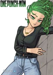 Rule 34 | 1girl, absurdres, atoroux, denim, green eyes, green hair, highres, jeans, jewelry, lying, necklace, on side, pants, solo, tatsumaki