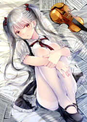 Rule 34 | 1girl, bed sheet, black footwear, black skirt, blush, bow, brown eyes, buttons, collared shirt, dress shirt, frilled skirt, frilled sleeves, frills, grey hair, hair bow, hair spread out, highres, hugging own legs, instrument, kobayashi chisato, long hair, looking at viewer, lying, mary janes, miniskirt, neck ribbon, on back, original, pantyhose, parted lips, red bow, red ribbon, revision, ribbon, sheet music, shirt, shoes, short sleeves, sidelocks, skirt, solo, thighband pantyhose, twintails, very long hair, violin, white pantyhose, white shirt